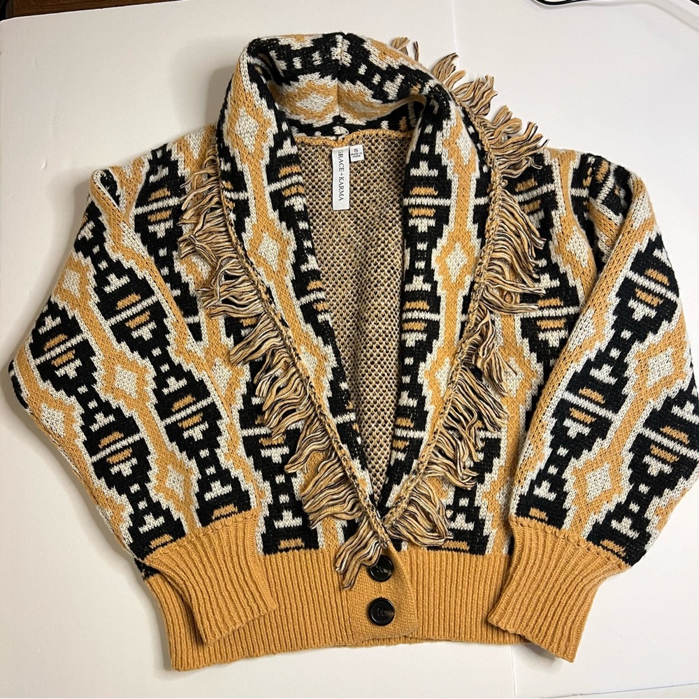 Shawl Collar Fringe Cardigan Sweater in Mustard Black and Cream